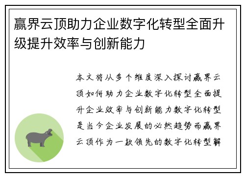 赢界云顶助力企业数字化转型全面升级提升效率与创新能力